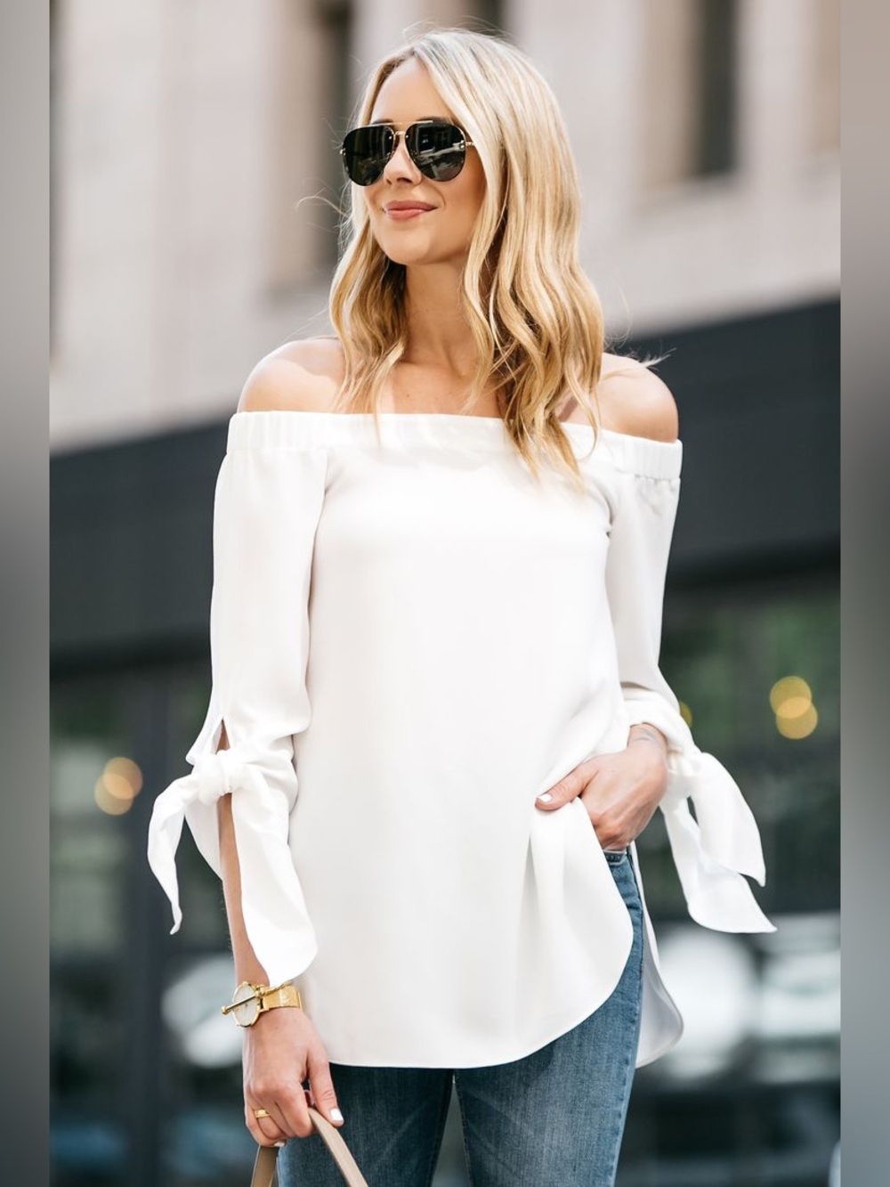 Club Monaco White Off-Shoulder Tie-Sleeve Blouse -  'Sophiya'